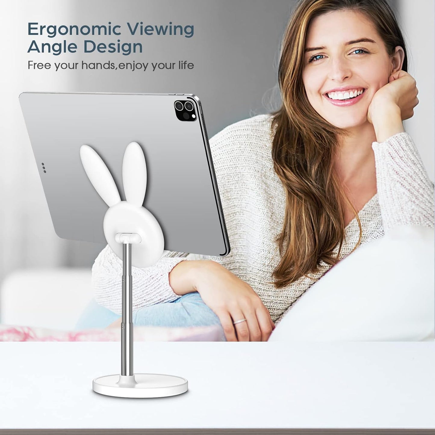 Cute Cell Phone Stand, Angle Height Adjustable  Cell Phone Stand for Desk, Cute Bunny Phone Holder Stand, Compatible with All Mobile Phones,Iphone,Samsung,Pixel,Ipad,Tablet (White)