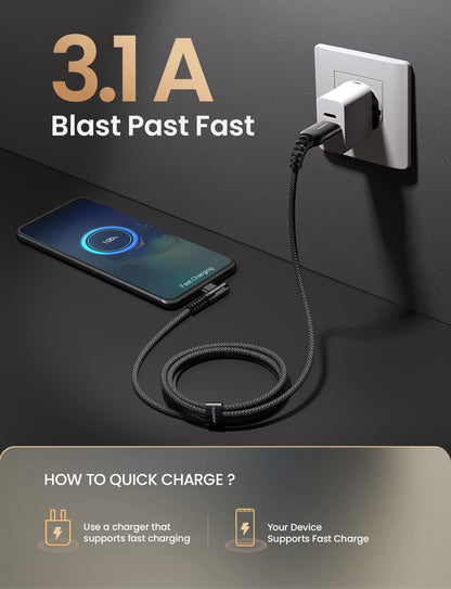 2-Pack Type C Charging Cable 3.1A Fast Charge, Right Angle  [6.6Ft+6.6Ft] USB C Cable, Durable Nylon Braided Type C Charging Cable Fast Charge Compatible Galaxy S10 S9 S21, LG V30,V20,G6