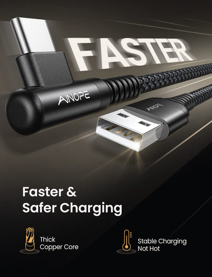 2-Pack Type C Charging Cable 3.1A Fast Charge, Right Angle  [6.6Ft+6.6Ft] USB C Cable, Durable Nylon Braided Type C Charging Cable Fast Charge Compatible Galaxy S10 S9 S21, LG V30,V20,G6